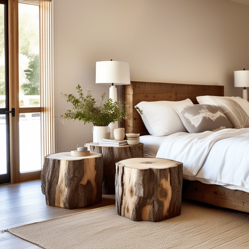 diy tree stump side tables placed beside a farmhouse style bed rough textures preserved for a rusti min