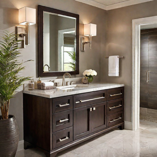 bathroom scene showcasing a dark wood cabinet contrasts with brushed nickel faucet satin finish w 2