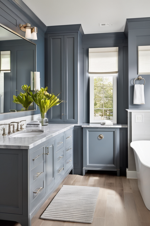 bathroomblue graycreate a casual yet sophisticated bathroom grounded with blue gray cabinetry li