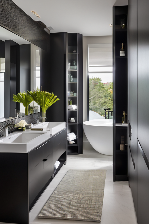 bathroomsleek black cabinetry is equally modern as it is inviting in an otherwise neutral space b 1