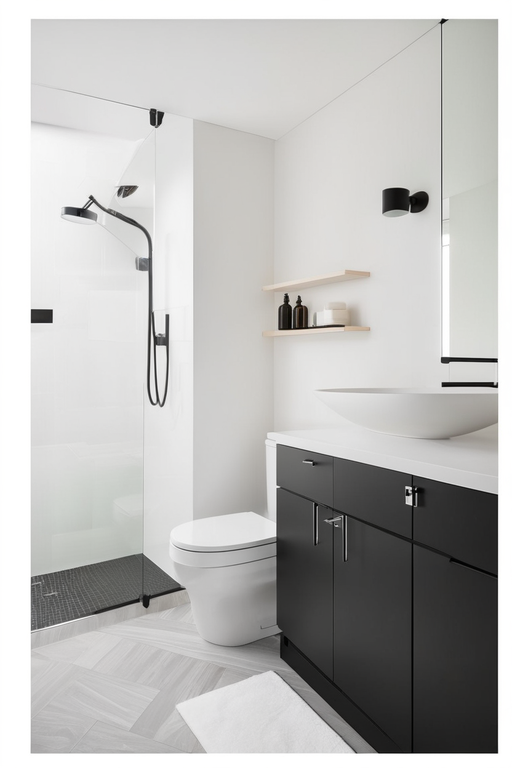 bathroomsleek black cabinetry is equally modern as it is inviting in an otherwise neutral space b
