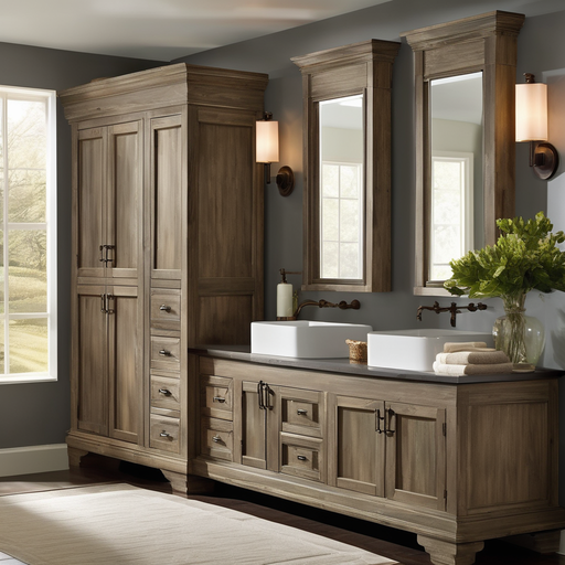 embrace a rustic and natural aesthetic by opting for weathered wood as the cabinet color in your bat