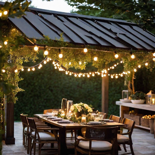 find a sheltered spot for your outdoor dining areastring lights and lanterns hang string lights o