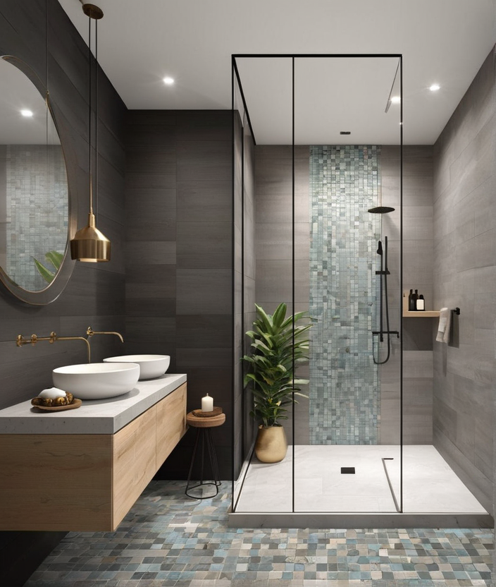 generate an image portraying a contemporary minimalist shower adorned with tile alternatives like pe