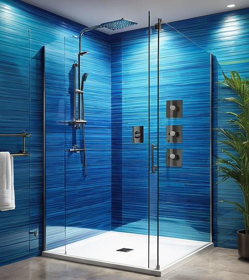generate an image that highlights innovative and budget friendly shower wall ideas featuring acrylic