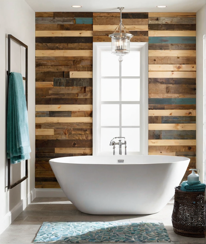 generate an image that promotes sustainable and budget friendly shower wall ideas reclaimed wood a