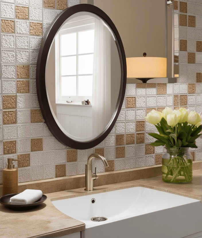 bathroom backsplashcork tiles appearancebehind the sink with a big round mirror next to the sin 1 min