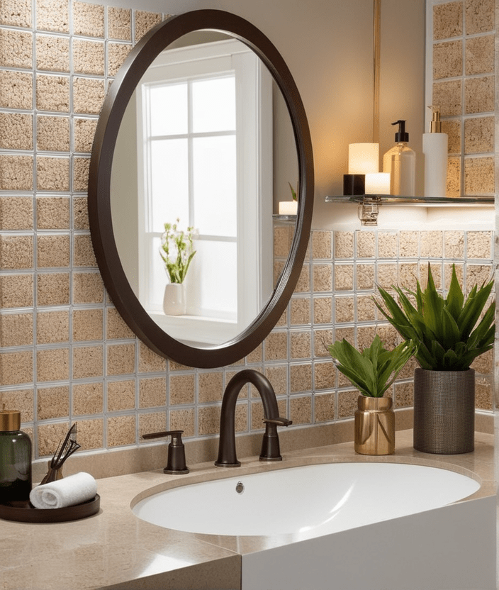 bathroom backsplashcork tiles appearancebehind the sink with a big round mirror next to the sin 3 min