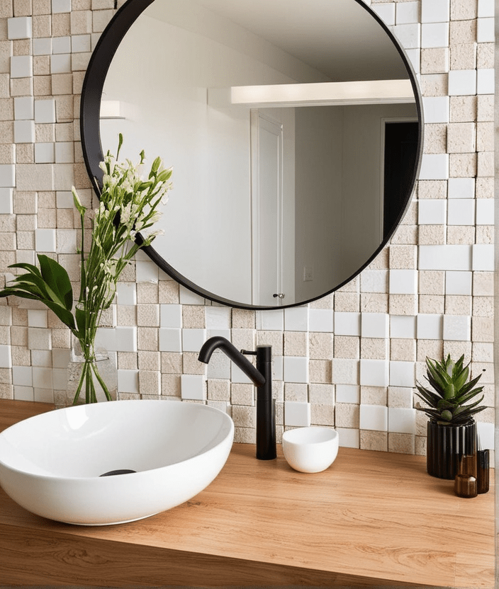 bathroom backsplashcork tiles appearancebehind the sink with a big round mirror next to the sin min