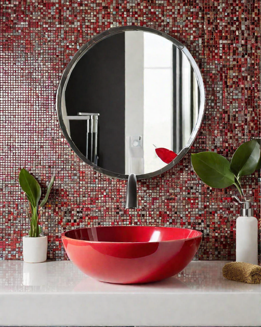 bathroom backsplashes mosaic tiles behind a red bathroom sink 1
