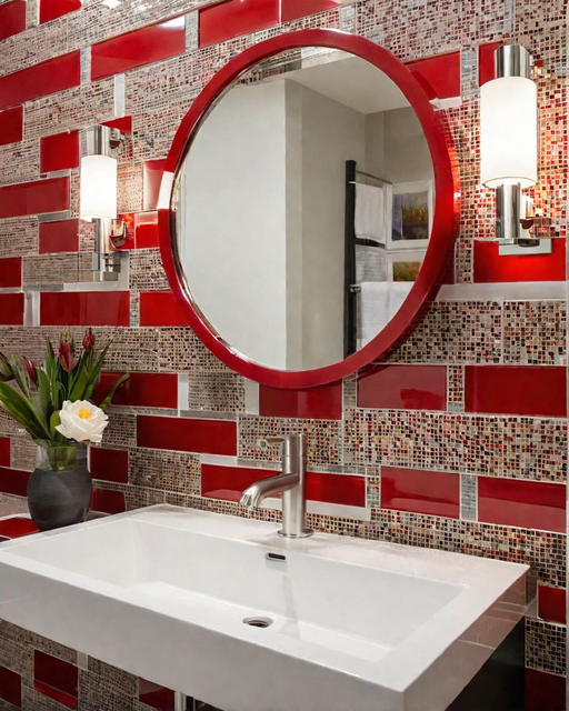 bathroom backsplashes mosaic tiles behind a red bathroom sink