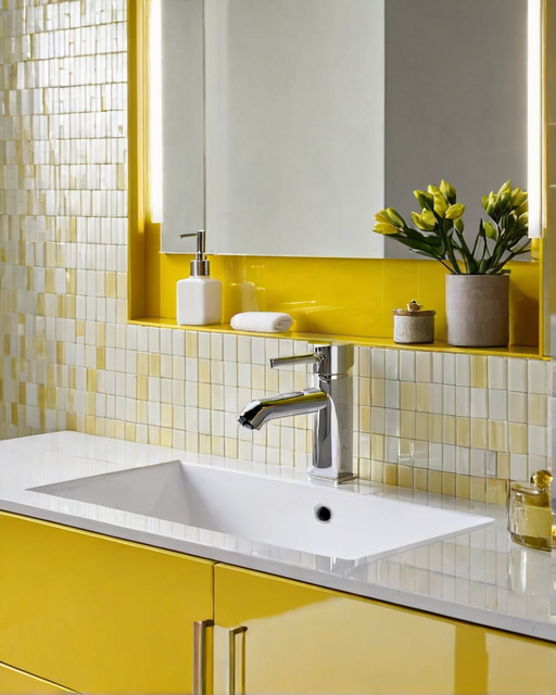 bathroom backsplasheswhite glass tiles behind a yellow bathroom sink