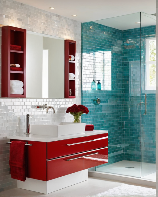 bathroom backsplasheswhite glass tiles tiles behind a red bathroom sink 1