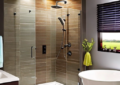 generate an image that highlights innovative and budget friendly shower wall ideas featuring acrylic 1